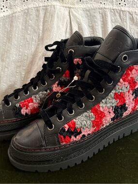 Krona Black Leather High-Top Sneakers with Pink & Red Crochet Panels